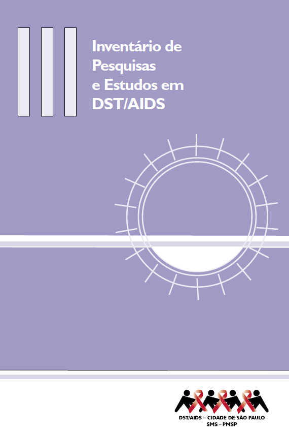 Capa do III Inventário de Pesquisas e Estudos em DST/AIDS, com fundo lilás e uma forma circular branca ao centro à direita, cruzada ao centro por uma reta também branca. No rodapé há uma barra branca com o logo da Secretaria Municipal da Saúde de 2004.